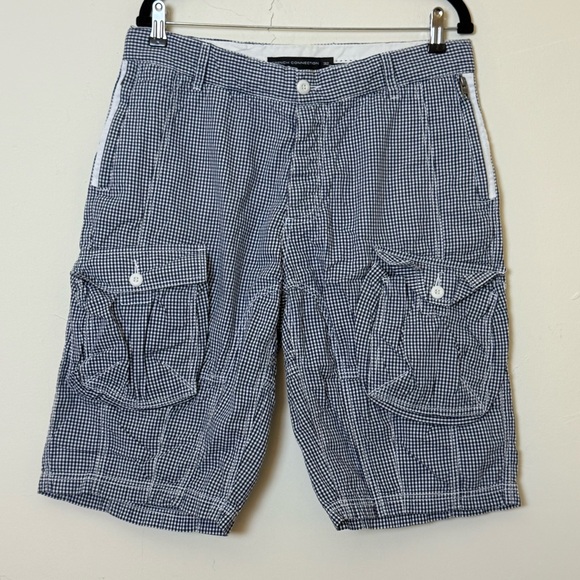 French Connection Men’s Gingham Cargo Shorts – Navy/White, Size 32 - Picture 1 of 10